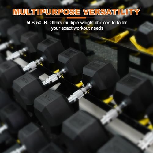 Rubber Encased Hex Dumbbell Set Contoured Handle for Muscle Toning, Strength Building & Full Body Workout, 60LB, 100LB and 150LB Set - Image 4