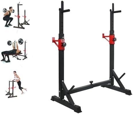 BESTHLS Adjustable Squat Rack Stand with Barbell Rack, Weight Plate Holder, J Hooks,Dip Bar Station for Bench Press Strength Training Max Load 550LBS Suitable for Gym and Home Fitness