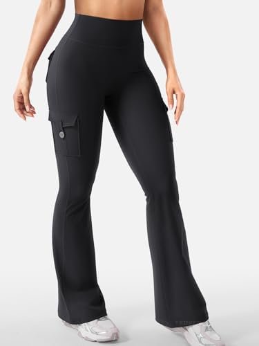YEOREO Women Workout Flare Leggings with Pockets Hidden Scrunch Hedda High Waisted Cargo Gym Yoga No Front Seam Leggings - Image 6