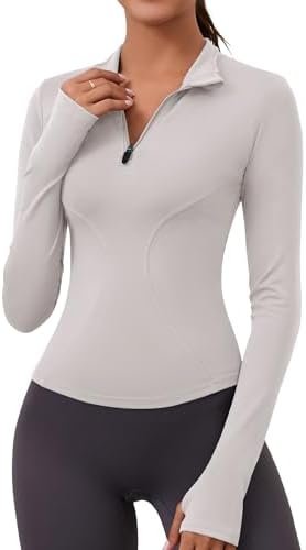 LOMON Womens Long Sleeve Workout Tops Quick Dry Quarter Zip Pullover Crop Yoga Athletic Slim Fit Shirts