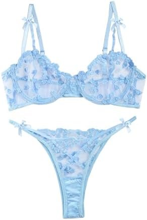 Lilosy Sexy Underwire Cute Push Up Strappy Embroidered Mesh Sheer Lingerie Set See Through Panty Bra