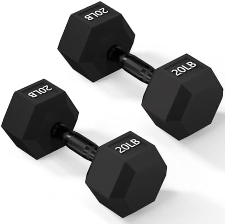 Rubber Encased Exercise & Fitness Hex Dumbbell, Hand Weights with Anti-Slip Metal Handle for Home Gym, Multiple Sizes
