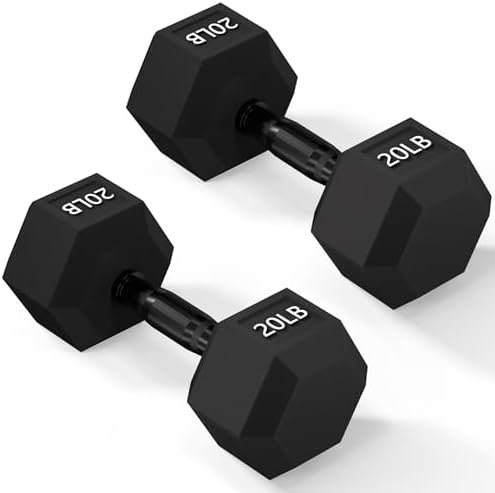 Rubber Encased Exercise & Fitness Hex Dumbbell, Hand Weights with Anti-Slip Metal Handle for Home Gym, Multiple Sizes