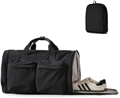 Black Gym Bag for Women Men with Shoes Compartment, 3 in 1 Carry on Travel Duffel Bags with Trolley Sleeve, Lightweight & Water Resistant Gym Duffel Bag for Travel, Sports, Fitness & Workout