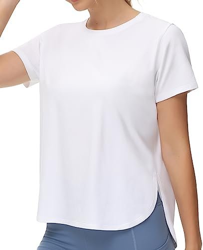 THE GYM PEOPLE Women’s Workout T-Shirts Loose Fit Short Sleeve Cotton Running Basic Tee Tops with Split Hem