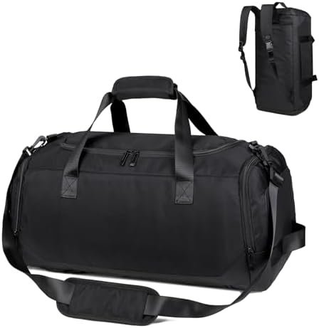 Travel Duffle Bag Backpack for Men Women, 50L Sports Gym Bags with Shoe Compartment & Wet Pocket, Waterproof Carry On Bag Backpack for Workout, Fitness, Overnight Trips Black