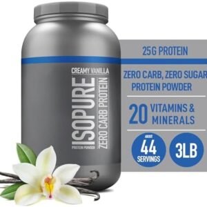 Isopure Zero Carb 100% Pure Whey Isolate Protein Powder, Lactose Free, Gluten Free, With Vitamins, Creamy Vanilla, 25g Protein Per Serving, 3 Lbs, 44 Servings