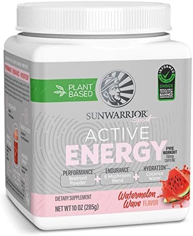 Sunwarrior Plant-Based Preworkout Powder Hydration Blend | Coconut Water Mushroom Blend Soy Free Sugar Free Gluten Free Dairy Free Synthetic Free | Watermelon Wave 30 Servings | Sport Active Energy