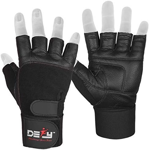 DEFY Padded Weight Lifting Gloves with 13″ Long Wrist Wrap Genuine Leather Gym Gloves for Power Lifting, Cross Training, Workout Black