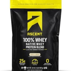 Ascent 100% Whey Protein Powder - Post Workout Whey Protein Isolate, Zero Artificial Flavors & Sweeteners, Soy & Gluten Free, 5.5g BCAA, 2.6g Leucine, Essential Amino Acids, Vanilla Bean 2 lb