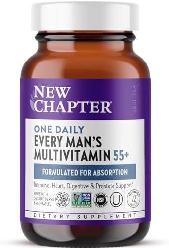 New Chapter Men’s Multivitamin 50 Plus for Brain, Heart, Digestive, Prostate & Immune Support with 20+ Nutrients + Astaxanthin – Every Man’s One Daily 55+, Gentle on The Stomach – 72 ct