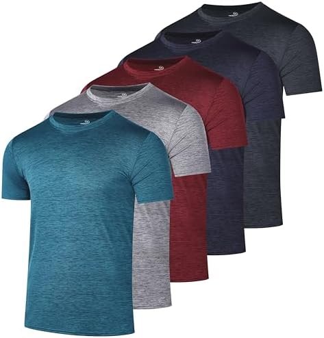 Real Essentials 5 Pack: Men’s Short Sleeve Dry Fit Active Crew Neck T Shirt – Athletic Running Gym Workout Tee Tops