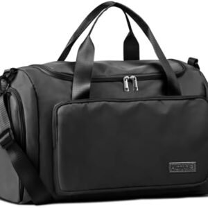 HOTOR Gym Bag for Men and Women - Travel Duffle Bag with Shoe Compartment and Waterproof Pocket, Carry on Luggage with Trolley Sleeve for Sports, Weekend Trips, Black, 19.7" × 9.8" × 11.8"