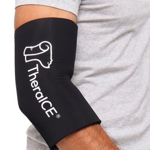TheraICE Elbow Ice Pack Compression Sleeve for Injuries, Reusable Gel Cold Packs Brace for Knee, Shin Splints, Calf Strain, Flexible Cold Wrap Recovery for Tennis Elbow, Tendinitis Pain Relief (S)
