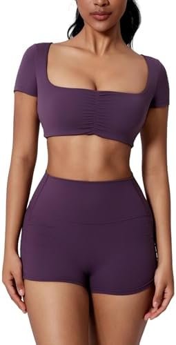 Two Piece Workout Set For Women Scrunch Square Neck Crop Tops Matching High Waist Tummy Control Shorts Gym Yoga Clothe