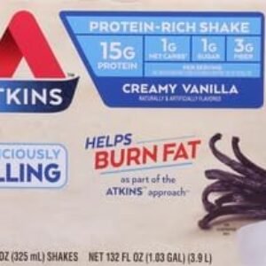 Atkins Creamy Vanilla Protein Shake, 15g Protein, Low Glycemic, 2g Net Carb, 1g Sugar, Keto Friendly, 12 Count