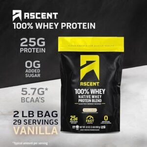 Ascent 100% Whey Protein Powder – Post Workout Whey Protein Isolate, Zero Artificial Flavors & Sweeteners, Soy & Gluten Free, 5.5g BCAA, 2.6g Leucine, Essential Amino Acids, Vanilla Bean 2 lb