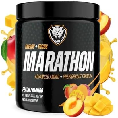 6AM Run Marathon, Pre Workout Powder for Distance Running, High Energy Amino Formula, for Cardio and Stamina, No Jitters, All Natural, Keto, Vegan, Peach Mango Flavor, 40 Servings