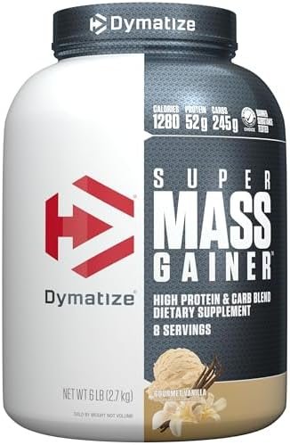 Dymatize Super Mass Gainer Protein Powder, Gourmet Vanilla, 52g Protein, 1g Creatine, 1280 Calories, 10.7g BCAAs, 245g Carbs, Contains Whey Protein Powder, Isolate, and Casein, Total 8 Servings