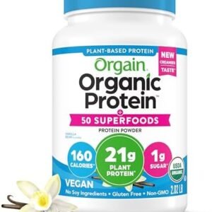 Orgain Organic Vegan Protein + 50 Superfoods Powder, Vanilla Bean - 21g Plant Based Protein, 8g Prebiotic Fiber, No Lactose Ingredients, Gluten Free, No Added Sugar, Non-GMO, 2.02 lb