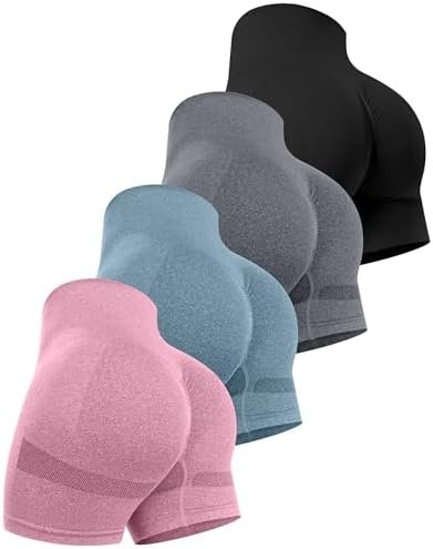 CHRLEISURE Women’s 4 Packs Workout Gym Shorts, High Waisted Butt Lifting Scrunch Butt Seamless Booty Shorts
