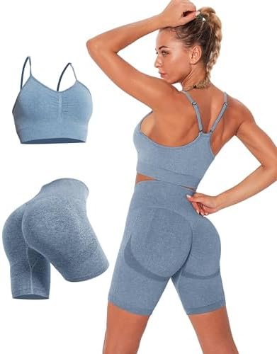 Womens 2 Piece Seamless Workout Sets Butt Lifting Shorts with Padded Stretchy Sports Bra Jogging Yoga Gym Outfits