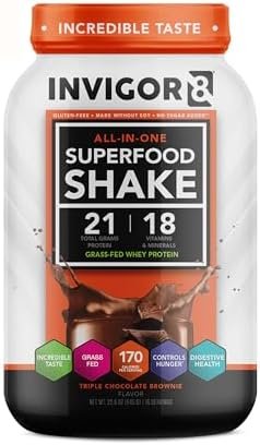 INVIGOR8 Superfood Grass Fed Whey Protein Isolate Shake Chocolate Brownie Gluten-Free and Non GMO Meal Replacement with Probiotics and Omega 3 (645g)