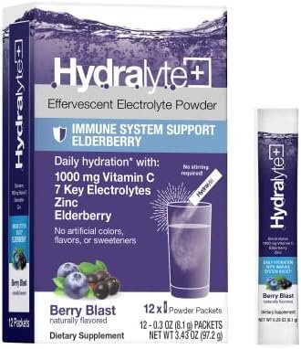 Hydralyte Electrolytes Plus Immunity, Elderberry – Low Sugar Rapid Rehydration Powder – Lightly Sparkling Electrolyte Powder Packets with 1,000mg Vitamin C and 300 mg Elderberry (8oz Serve, 12 Count)