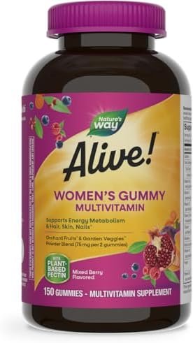 Nature’s Way Alive! Women’s Daily Gummy Multivitamins, 16 Vitamins & Minerals, Energy Metabolism*, Hair Skin & Nails*, Vegetarian, Mixed Berry Flavored, 150 Gummies (Packaging May Vary)