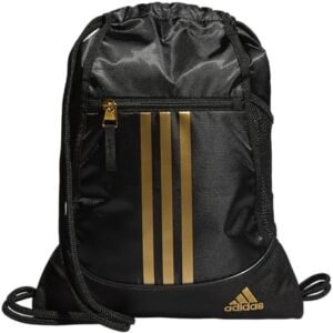adidas Alliance Sackpack, Drawstring, Lightweight Small Gym Bag for Women, Soccer Backpack, Black/Gold Metallic/Black, One Size