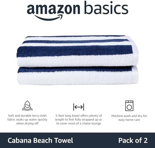 Amazon Basics 100% Cotton Terry Absorbent Cabana Stripe Pool & Beach Towels, Soft, Large, and Thick, 2-Pack, Navy Blue, 30 in x 60 in - Image 2