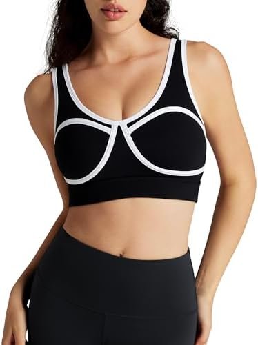 QUEENIEKE Piping Trim Sports Bras for Women – Padded Slim Fit Medium Impact Workout Crop Tank Top Scoop Neck Yoga Bra