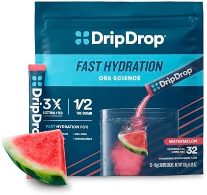 DripDrop Hydration Packets – Watermelon – Single Serve Electrolytes Powder Drink Mix – Non-GMO, Gluten Free, Vegan – 32 Sticks