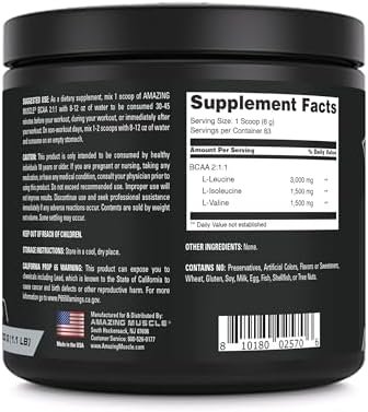 Amazing Muscle BCAA Amino Supplement | 2:1:1 Branched Chain Amino Acid Ratio | Unflavored | Net Weight 500 Grams (1.1 Lb) | Non-GMO | Gluten-Free | Made in USA - Image 3