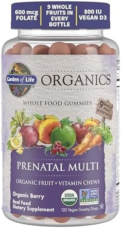 Garden of Life Organics Prenatal Gummies Multivitamin with Vitamin D3, B6, B12, C & Folate for Healthy Fetal Development – Organic, Non-GMO, Gluten-Free, Vegan, Berry Flavor, 30 Day Supply