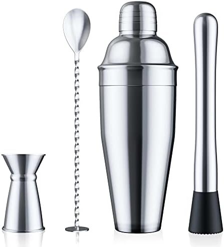 24oz Cocktail Shaker Set – Martini Shaker w Built-in Drink Shaker Strainer, Muddler, Jigger, Mixing Spoon, Recipe Book for Bartending – Bar Shaker/Alcohol Shaker