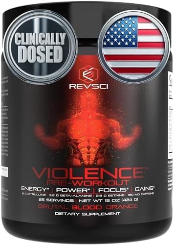Violence Pre Workout Powder for Men & Women, Clinically Dosed Preworkout, 180 mg Caffeine + L-Theanine, L Citrulline Malate, Beta Alanine, Alpha GPC – 25 Servings, Blood Orange – Energy, Focus & Pump