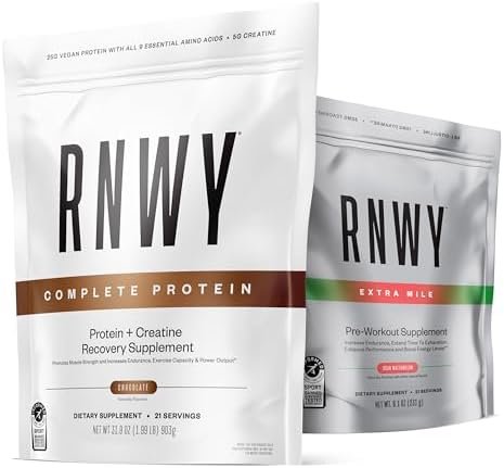RNWY Chocolate Protein Powder Sour Watermelon Extra Mile Stim Free Preworkout Powder Bundle, 25g Vegan Protein, 5g Creatine Monohydrate Powder, 150mg Digestive Enzymes, 6g L-Citrulline