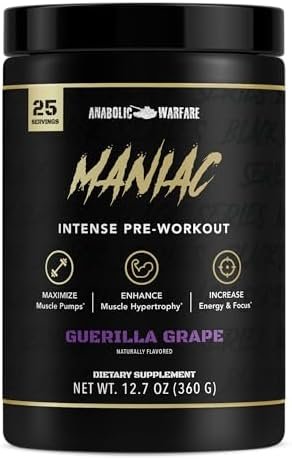 Anabolic Warfare Black Series Maniac, Pre-Workout Powder, Supports Nitric Oxide, Muscle Pumps, and Protein Synthesis* Guerilla Grape