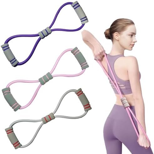 3 Pcs Resistance Bands 8 Figure Shaped Tension Rope Shoulder Elastic Band for Yoga Fitness Home Gym(Pink,Purple,Gray)
