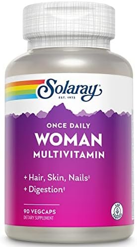 Solaray Once Daily Woman Multivitamin with Iron, Women’s Multivitamin with Hair, Skin & Nails Blend, Enzyme Blend & Whole Food Base, Healthy Energy, Immune & Digestion Support, 90 Servings, 90 VegCaps