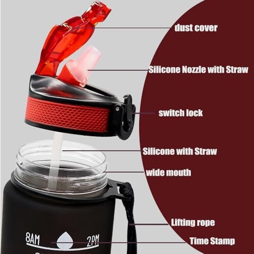 32oz Sports Water Bottle Outdoor, with Drinking Time and Capacity Labels, Sport Water Cups with Straw,BPA Free Leak Proof,for Fitness Gym Running Climbing(32oz Black red) - Image 3