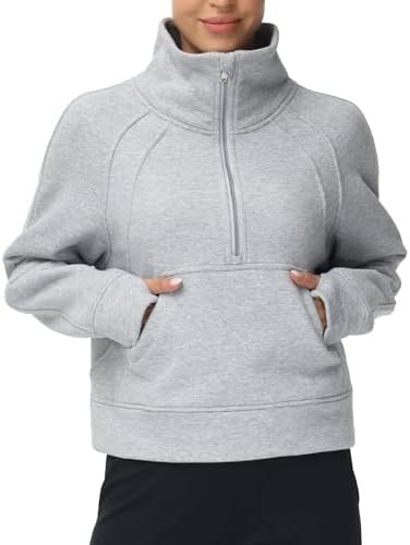 THE GYM PEOPLE Womens’ Half Zip Pullover Fleece Stand Collar Crop Sweatshirt with Pockets Thumb Hole