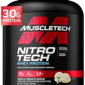 Muscletech Whey Protein Powder (Vanilla Cream, 4 Pound) - Nitro-Tech Muscle Building Formula with Whey Protein Isolate & Peptides - 30g of Protein, 3g of Creatine & 6.6g of BCAA