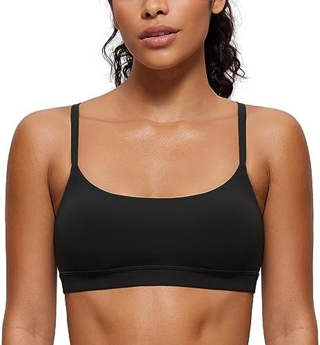 CRZ YOGA Womens Butterluxe Adjustable Spaghetti Strap Sports Bra – Scoop Neck Wireless Padded Yoga Workout Crop Top
