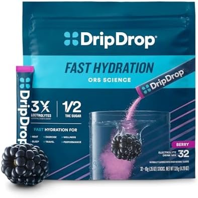 DripDrop Hydration Packets – Berry – Single Serve Electrolytes Powder Drink Mix – Non-GMO, Gluten Free, Vegan – 32 Sticks