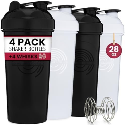 GOMOYO 4-Pack – 28 Ounce Protein Shaker Bottle for Mixes, 4xWire Whisk, Leak Proof Bulk Supplement Mixes and Pre-Workout Shaker Cups, Dishwasher Safe & BPA Free, Black & White