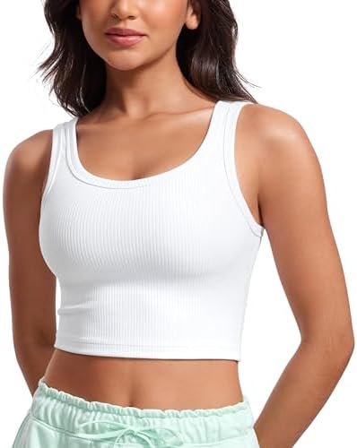 CRZ YOGA Womens Ribbed Longline Sports Bra – U Neck Padded Yoga Cami Workout Crop Tank Top Built in Pads