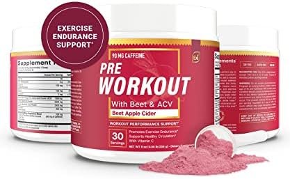 Essential Elements PreWorkout Powder with Beet Root & ACV | Superfood Energy Supplement & All-Natural Nitric Oxide Booster Plus Caffeine 30 Servings