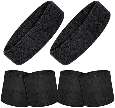 6pcs Sweatband Set, Sports Workout Headbands and Wristband Set Moisture Wicking Athletic Sweatbands Nonslip Stretchy Terry Cloth Sweat Absorbing Wristband for Women Men